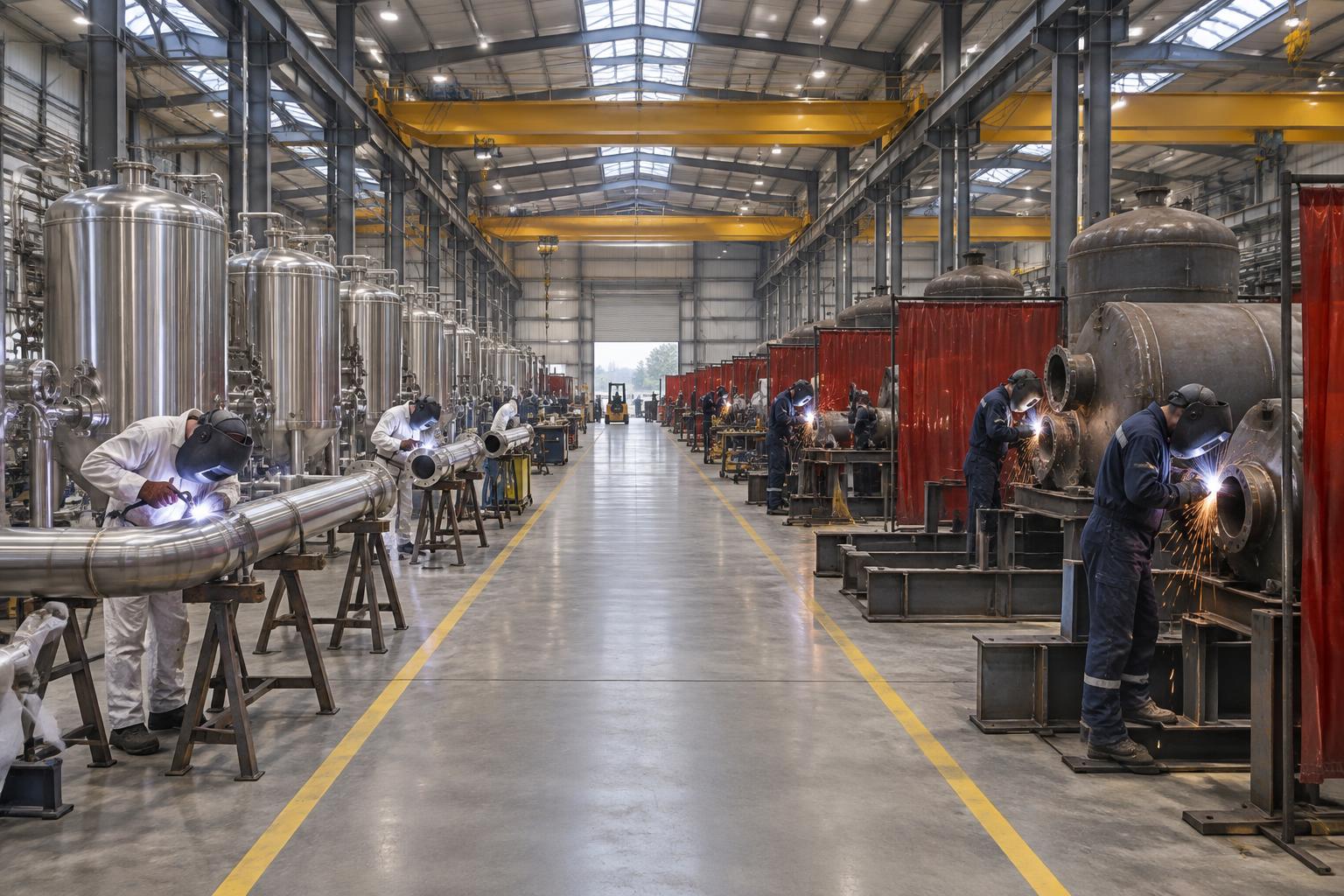 Triple Delta Riyadh manufacturing facility β large fabrication hall with stainless steel and carbon steel welding bays, overhead cranes and welders at work